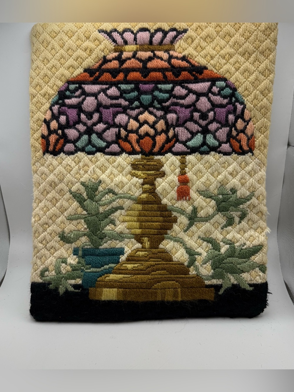 Vintage Finished Tiffany Lamp Needlepoint Longstitch Fiber Art Wall Decor 11x14